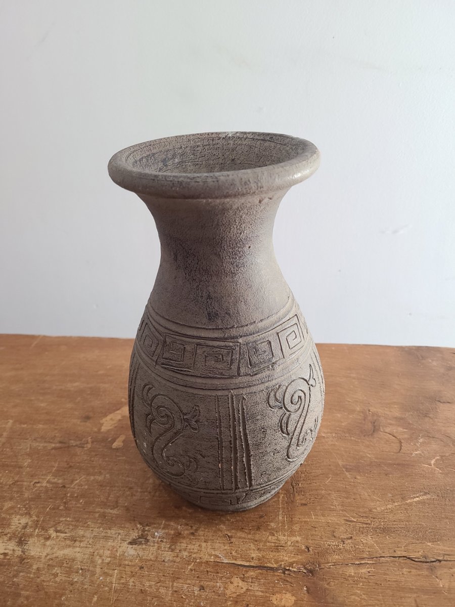Superbe vase Terracotta gris motifs fait main2