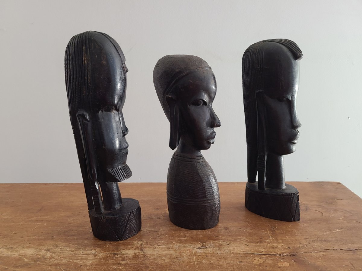 Ensemble de 3 figurines tribal bois noir beaux détails2