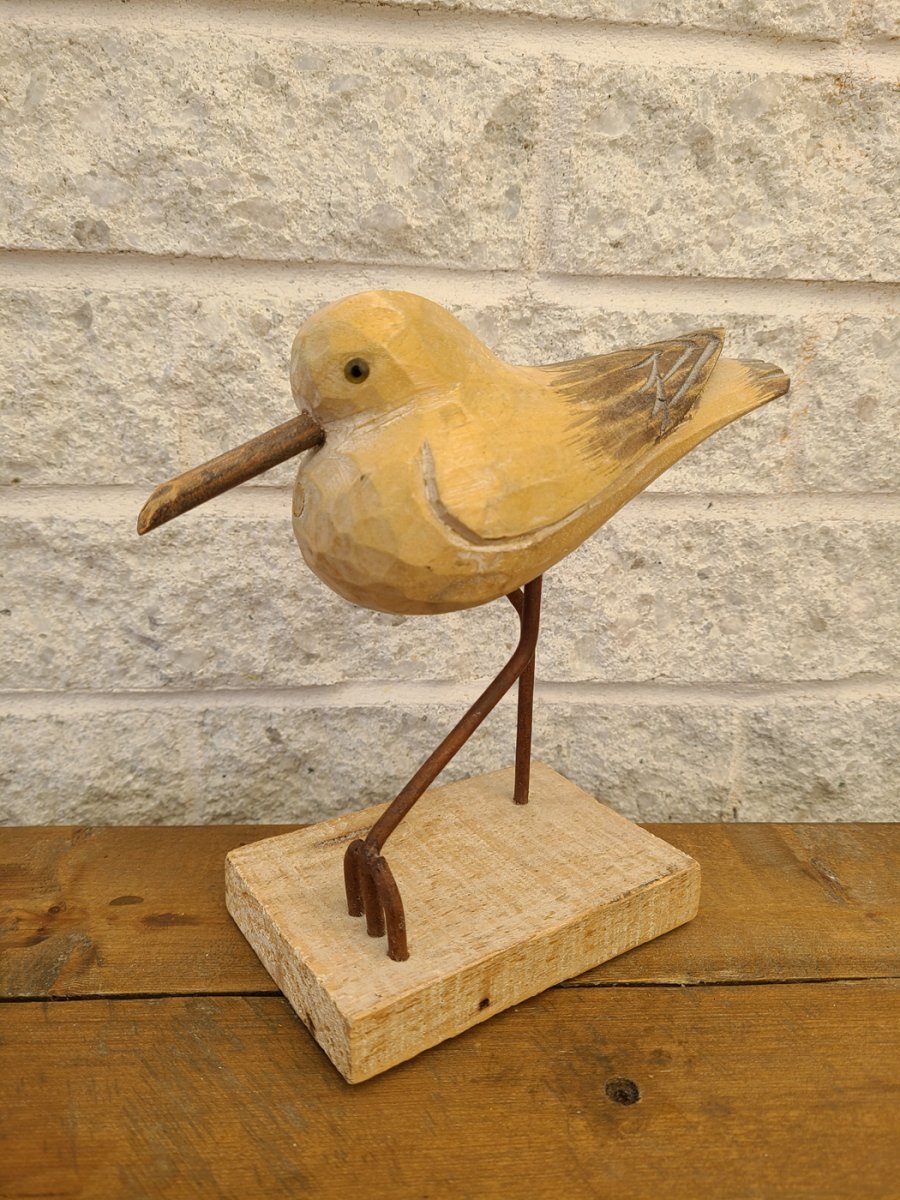 Sculpture d'oiseau en bois sur pattes de métal base de bois2