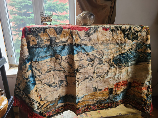 tapis vintage coloré kitch meute de loup traineau inuit environ 3 x 5