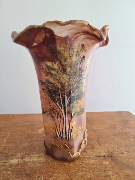 Large vase en verre soufflé rosé arbre peint à la main