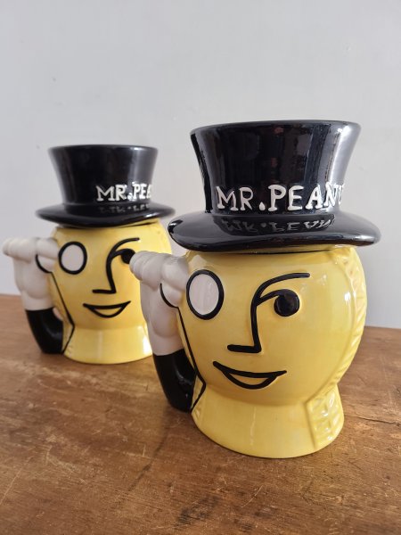 Ensemble de 2 Mr Peanut Planter jarre à biscuit en céramique jaune et noir avec étiquettes originales