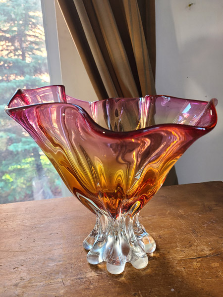 Vase verre soufflé ambré rose et transparent grand format évasé